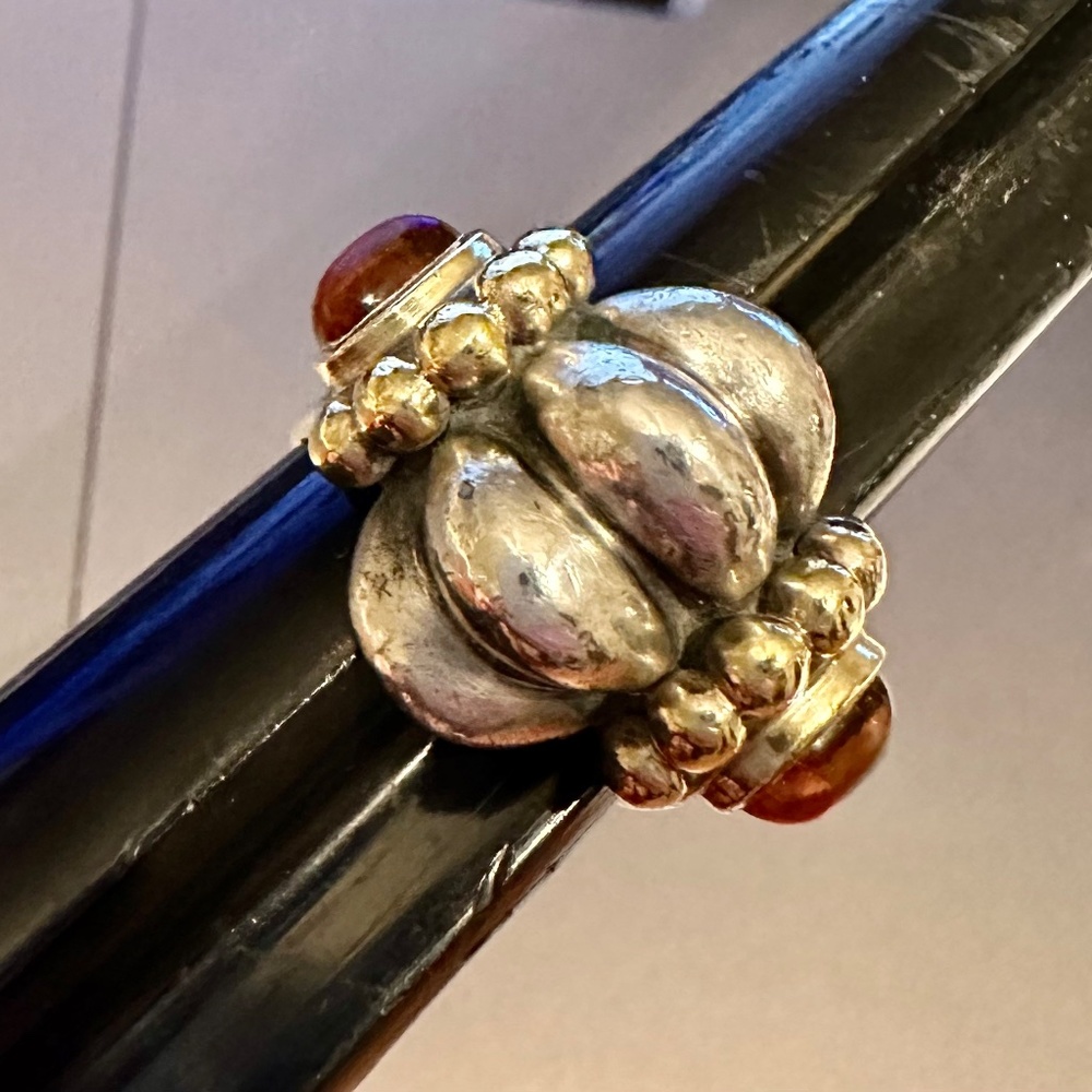 Silver and Amber Bead Accent Ring - Women's Fashion Jewelry